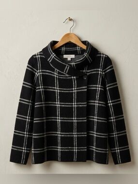 Cleo Black White Plaid Draped Knit Open Front Jacket Clean Girl Small